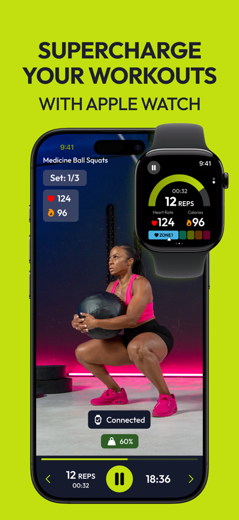 Resilient: strength workouts - Resilient app displaying real-time workout stats like heart rate and reps synced between an iPhone and Apple Watch during medicine ball squats