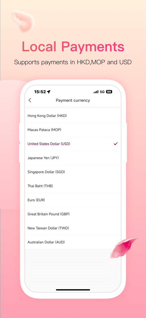 A mobile interface of the Juneyao Air app showing various local payment currency options including USD, HKD, and EUR