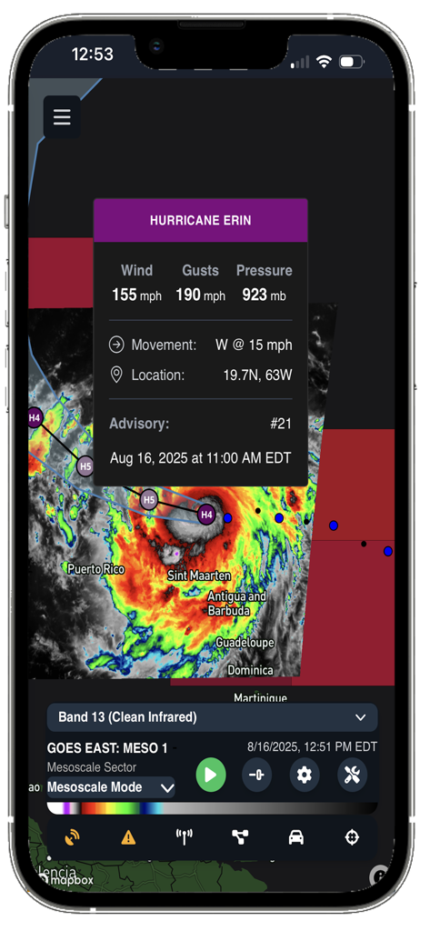 cycRad - cycRad app showing Hurricane Erin tracking with wind and pressure statistics on a satellite map