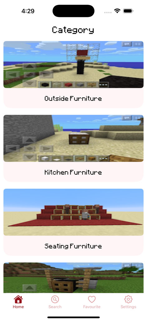 Furniture Guide for Minecraft! - A categories screen from the Furniture Guide for Minecraft app showing options for outside kitchen and seating furniture