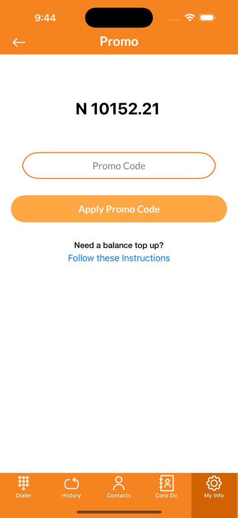Alpha Caller app promo screen showing account balance and promo code entry field