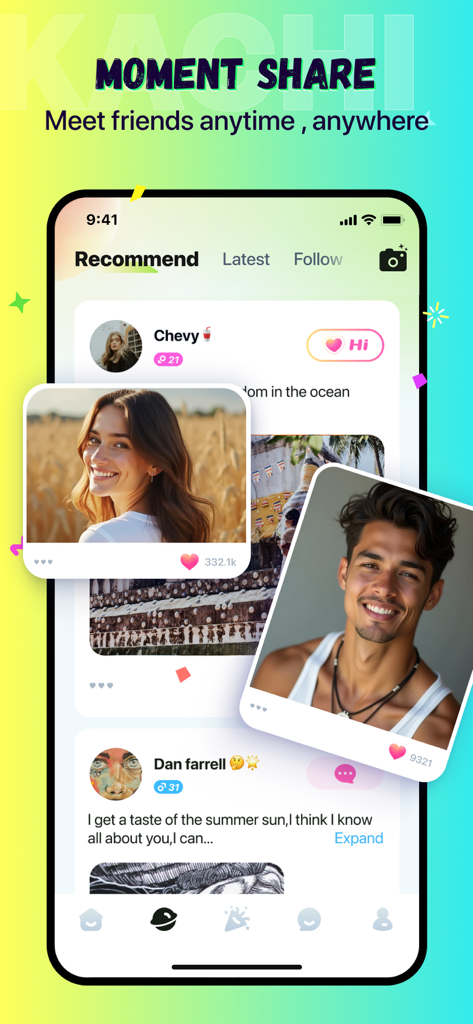 Kachi - Chat, Call & Party - Kachi App-Oberfläche, die die Moment-Share-Funktion und empfohlene Benutzerprofile zeigt