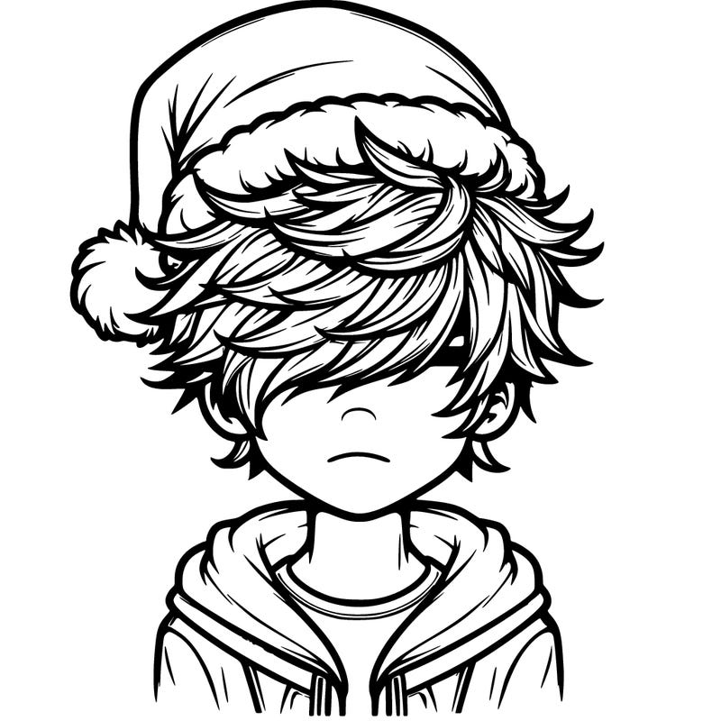 boy with messy hair. hair covering eyes with christmas hat and a smile and handsome realisic