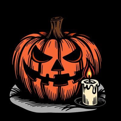 a halloween pumpkin with a scary expression and a glowing candle inside the pumpkin