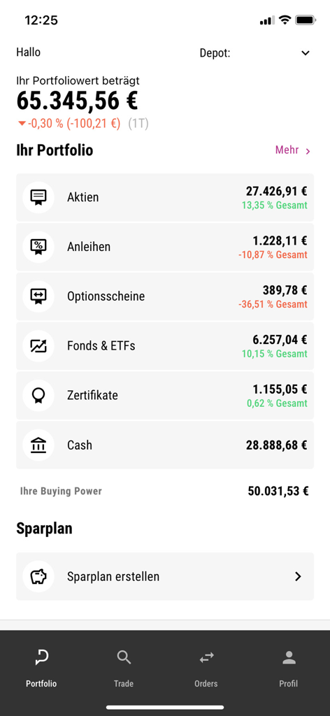 Dashboard of DADAT Trading app showing a portfolio overview with asset breakdown and total balance in Euros.
