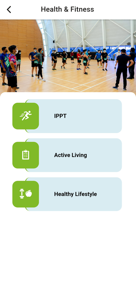 RP SNApp Health and Fitness menu showing options for IPPT Active Living and Healthy Lifestyle with students in a gym background