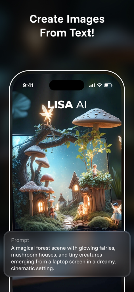 Lisa AI app interface showing a text-to-art generation of a magical forest with glowing fairies and mushroom houses.