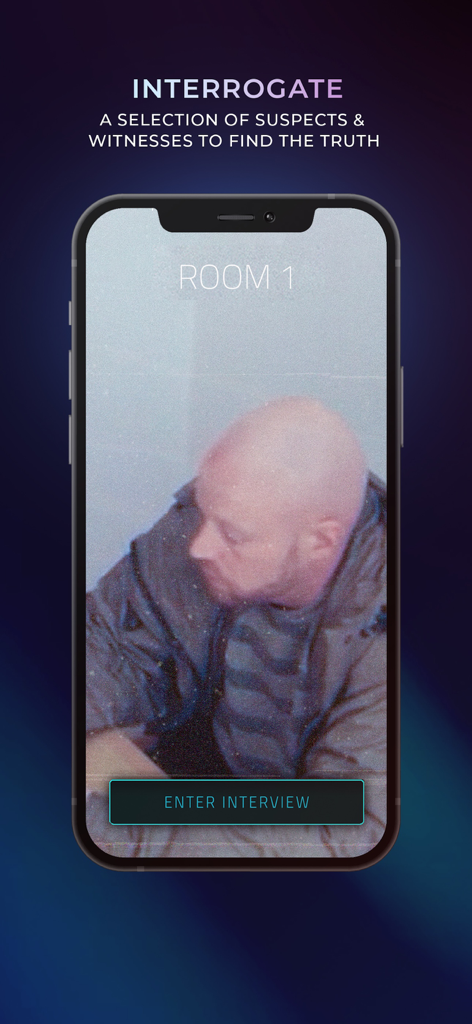 Scriptic: Crime Stories - Eine Detektivspiel-Oberfläche, die eine Videoaufnahme eines Verhörraums und eine Schaltfläche zum Starten des Interviews zeigt.