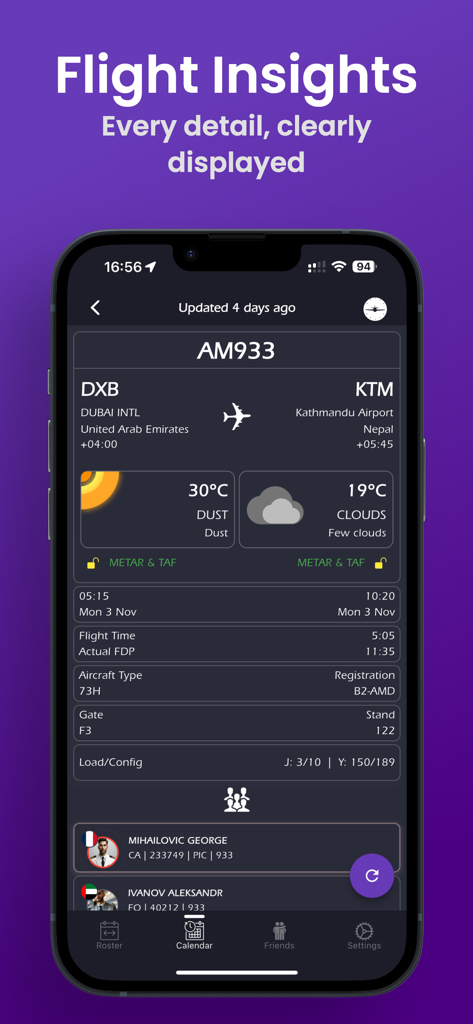 SkyCrew - Airlines Roster - Informations de vol détaillées et liste d'équipage sur l'interface de l'application SkyCrew