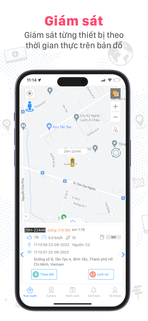 T-Track Pro App-Oberfläche zeigt die Echtzeit-GPS-Fahrzeugverfolgung und den Status auf einer Karte an.