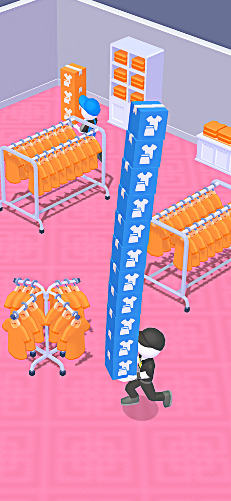 My Mini Mall: Mart Tycoon Game - A 3D character carrying a tall stack of blue boxes to restock orange shirts in a mall game.