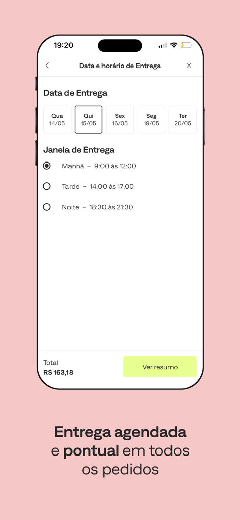 Interface do aplicativo Trela para agendar datas e horários de entrega de mercearia