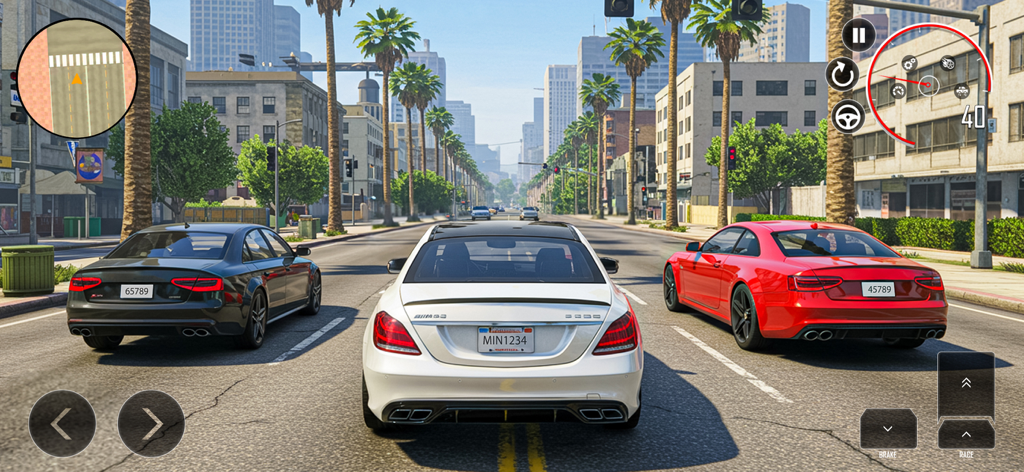 Urban Street Car Driver - Three luxury cars driving on a sunny city street in a realistic driving simulator