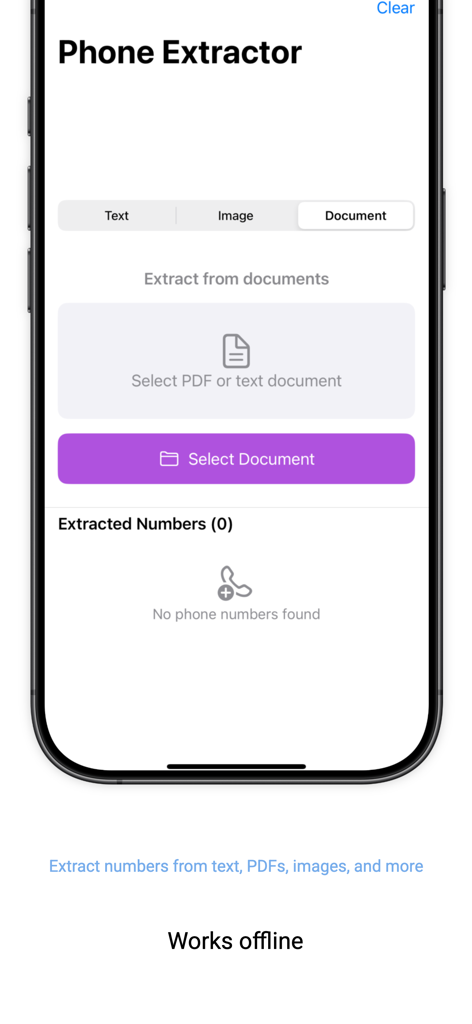 Phone Number Extractor - Phone Number Extractor app interface showing the document scanning and offline extraction feature
