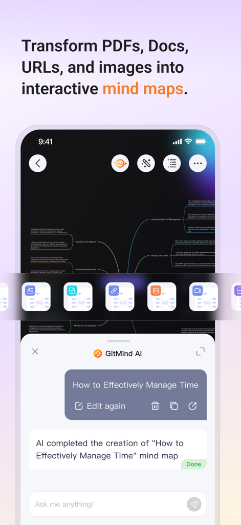 GitMind: AI Mind Map & Notes - GitMindアプリのインターフェース。ドキュメントやURLがインタラクティブなAIマインドマップに変換される様子を表示。