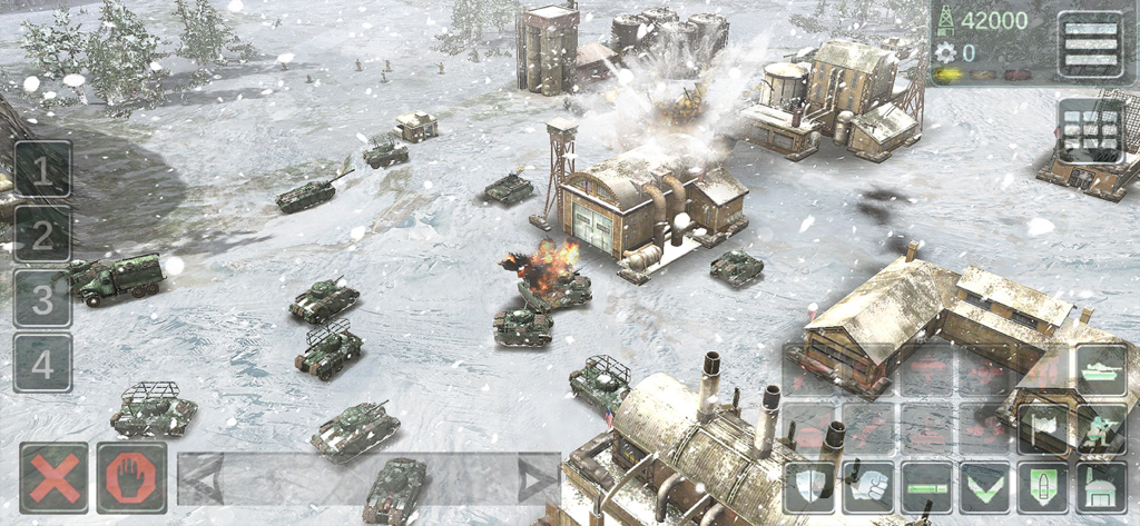 US Conflict — Tank Battles - A real-time strategy tank battle in a snowy industrial setting with explosions and military units.