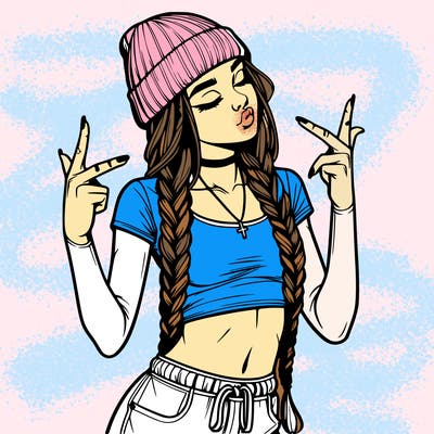 realistic teenage girl with braids and a beanie and crop top doing 🫶🏼