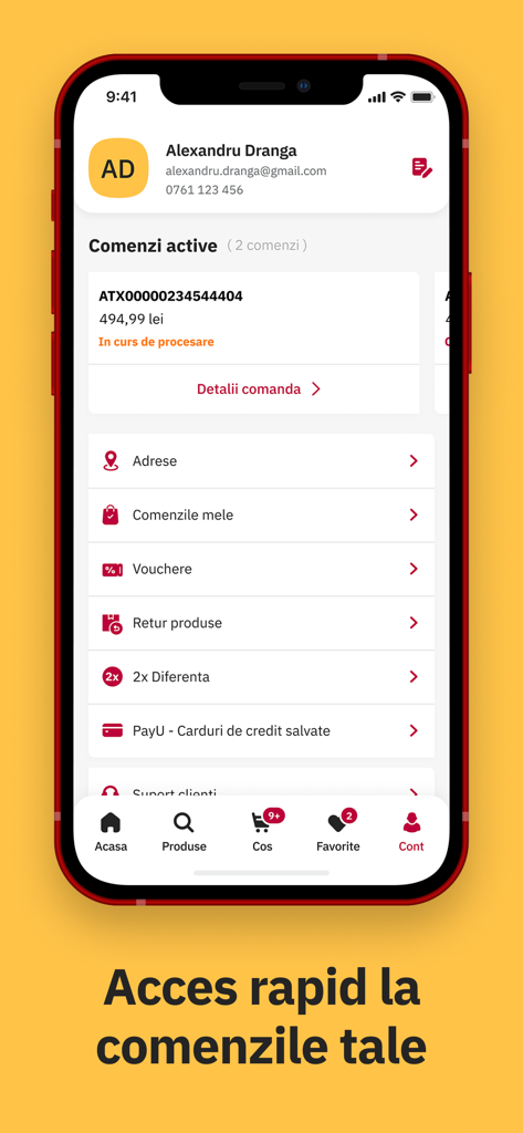 Altex - Altex mobile app user account interface showing active orders and personal profile settings