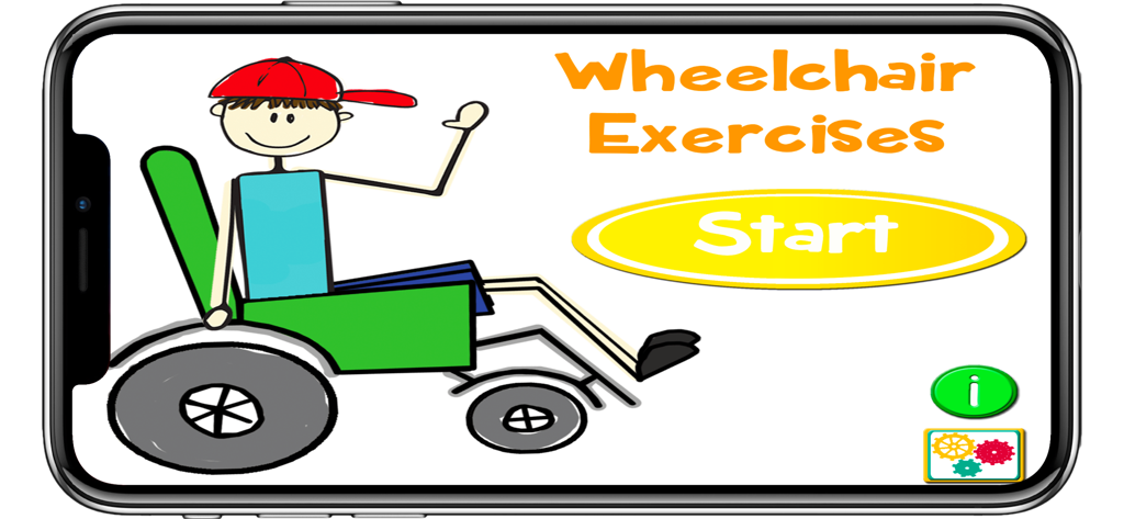 Home screen of the Wheelchair Exercises app featuring a cartoon of a child in a wheelchair and a yellow start button