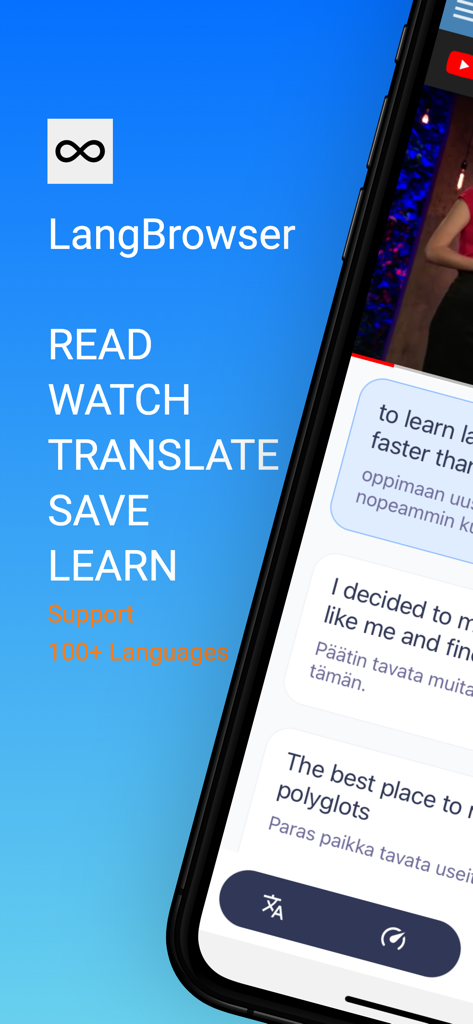 ReadLang WatchLang - LangBrowser mobile interface showing dual subtitles and translation tools for language immersion