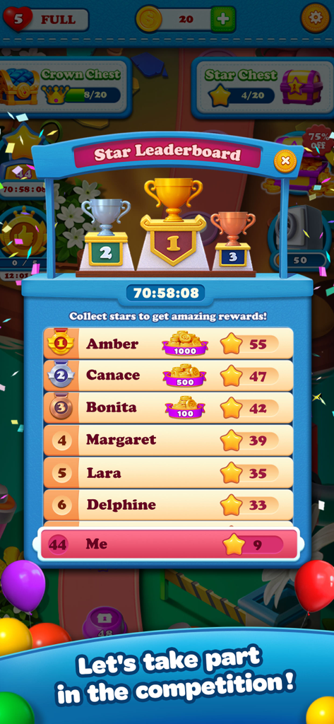 Bubble Shooter Panda Crush - Star leaderboard interface in Bubble Shooter Panda Crush showing player ranks and competition rewards.