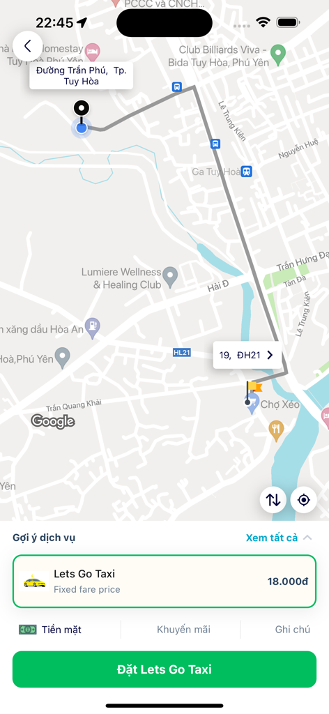 Lets Go Taxi - Lets Go Taxi mobile app interface displaying a ride route on a map in Tuy Hoa Vietnam with a fixed fare price