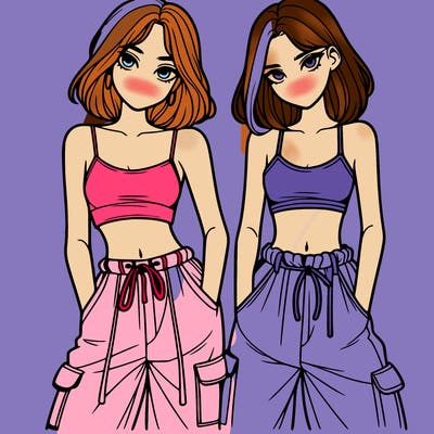 two girls with crop top with baggy pants