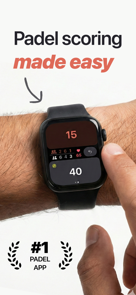 Padel Pointer: Score Tracker - A person using the Padel Pointer app on an Apple Watch to track scores during a match