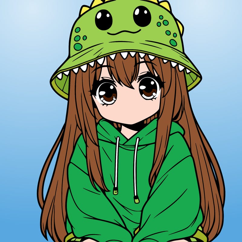 girl with anime shaped eyes with a dinosaur bucket hat oversized sweatshirt long straight hair