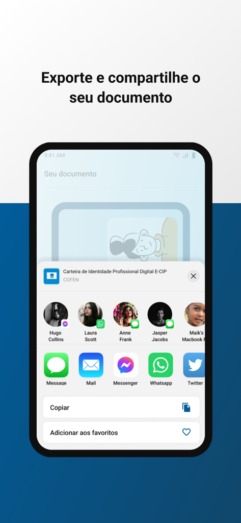 Carteira Digital de Enfermagem - エクスポートと共有メニュー、およびさまざまなメッセージングおよびソーシャルメディアオプションを表示するデジタル看護IDアプリのスクリーンショット