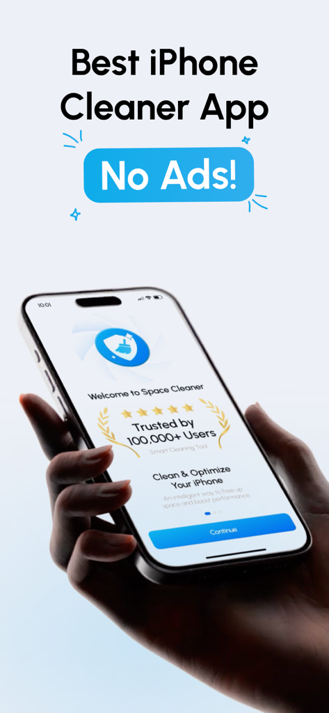 Space Cleaner: Clean & Swipe - A hand holding an iPhone showing the Space Cleaner app welcome screen with a No Ads banner and trusted user banner
