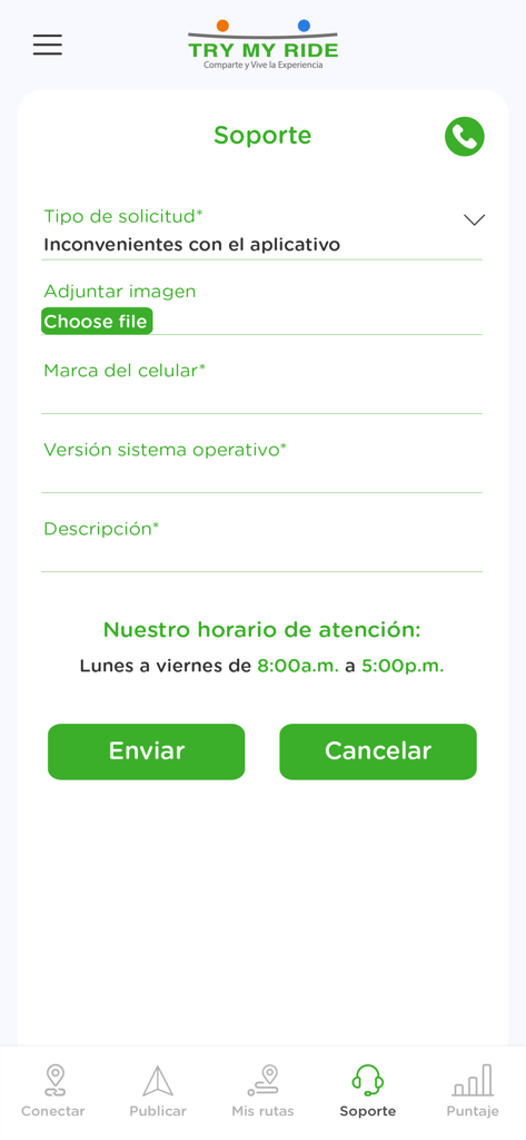 Try My Ride - Try My Ride mobile app support page with a request form for reporting technical issues