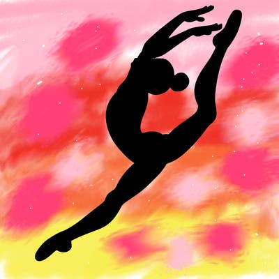 gymnast doing a leap in a leotard with a bent back leg