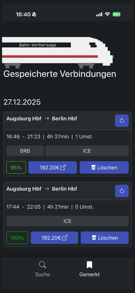 Bahn-Vorhersage - Screenshot des Bildschirms für gespeicherte Verbindungen, der Zugzuverlässigkeitsprozentsätze für Fahrten von Augsburg nach Berlin zeigt