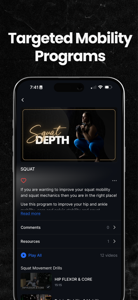 Mobility MVMNT - Mobility MVMNT app screen showing a targeted mobility program for improving squat depth and mechanics.