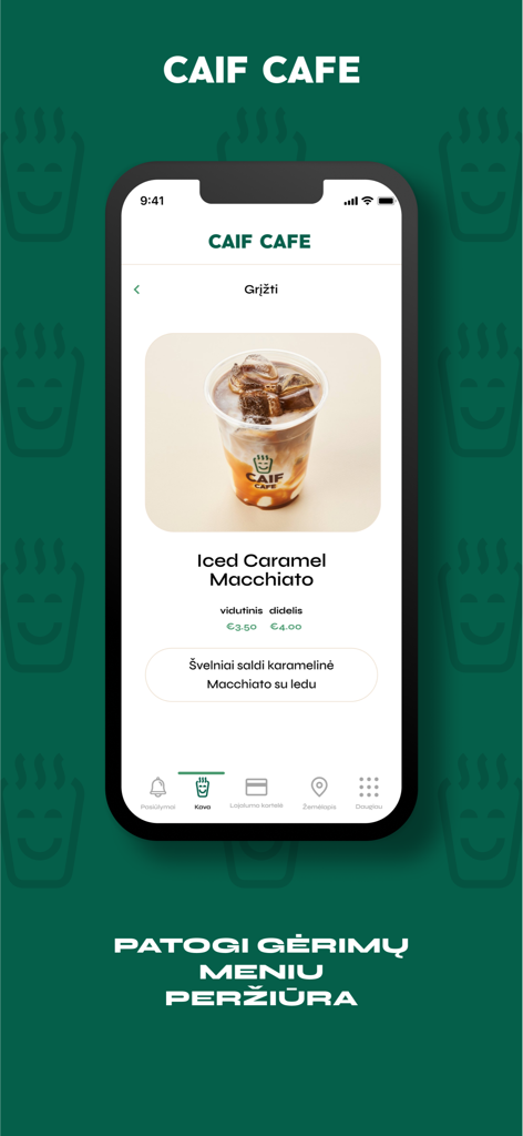 Caif Cafe - Caif Cafe app menu screen displaying an Iced Caramel Macchiato with price options.