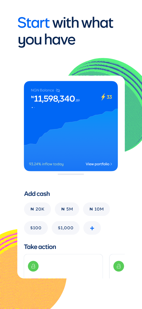 Cowrywise: Save & Invest Money - Cowrywise 앱 인터페이스, 나이라 잔액 포트폴리오와 나이라 및 미국 달러 모두로 펀드를 추가하는 옵션 표시.