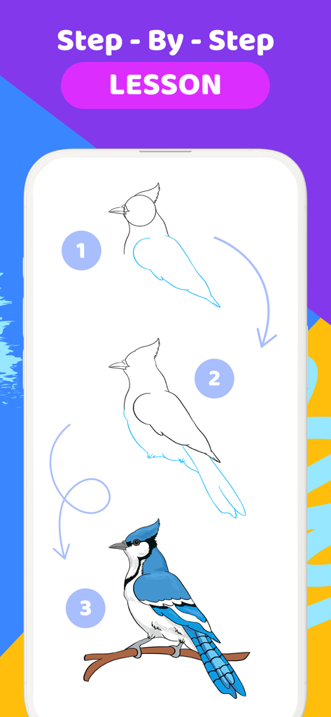 AR Drawing: Simply Draw, Trace - Step by step drawing lesson showing how to sketch and color a blue jay bird