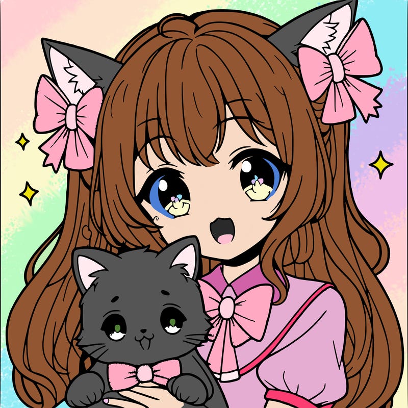 cute girl wearing cat ears with bows and she is holding a cat wearing bows on the cats ears in anime