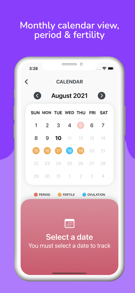 Period Tracker, Cycle Tracking - Monthly calendar view of the period tracker app showing menstrual cycle and fertility tracking dates