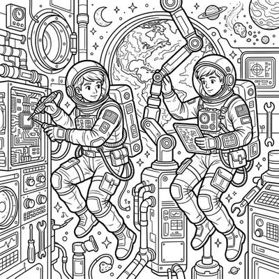 Dive into a futuristic space adventure with our detailed coloring page featuring two diligent teen astronaut engineers at work. This intricate design is perfect for older kids and teens who love science, space exploration, and hands-on creativity.
