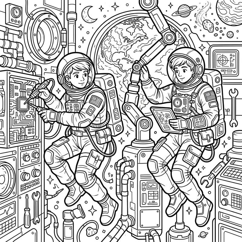 Dive into a futuristic space adventure with our detailed coloring page featuring two diligent teen astronaut engineers at work. This intricate design is perfect for older kids and teens who love science, space exploration, and hands-on creativity.