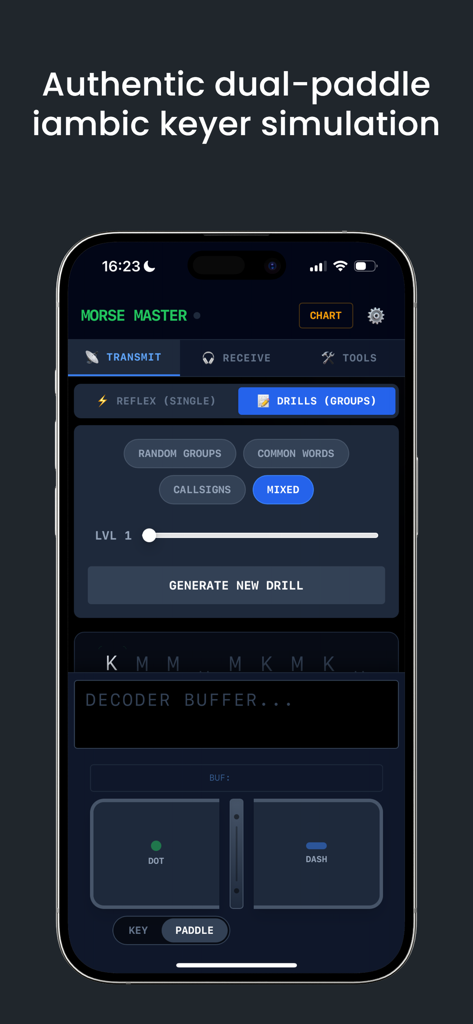 CW Morse Master app interface showing a virtual dual-paddle iambic keyer simulation for transmitting practice.