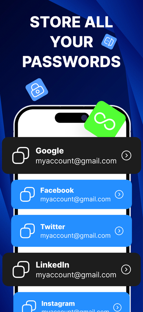 Interface of the Authenticator 2FA app displaying a list of stored passwords for Google, Facebook, Twitter, LinkedIn, and Instagram.
