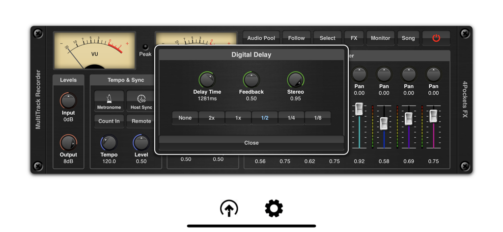 Digital delay effect settings window overlay on the MultiTrack Recorder plugin mixer interface