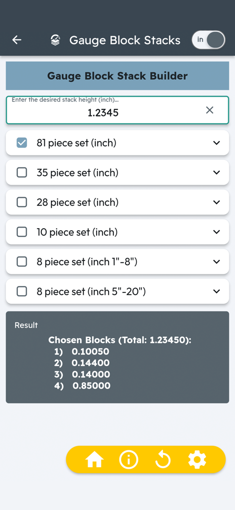 Interface of the Gauge Block Stack Builder in the CNC Machinist Calculator Ultra app showing calculated blocks for a specific height