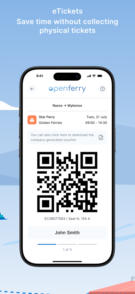 Openferry: Ferry Tickets - Interfaccia dell'app mobile Openferry che visualizza un biglietto elettronico del traghetto digitale con un codice QR per un viaggio da Naxos a Mykonos.