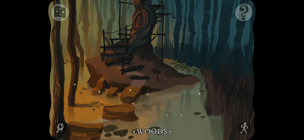 Detective Grimoire - Una escena de exploración de bosque de pantano atmosférica y dibujada a mano de Detective Grimoire