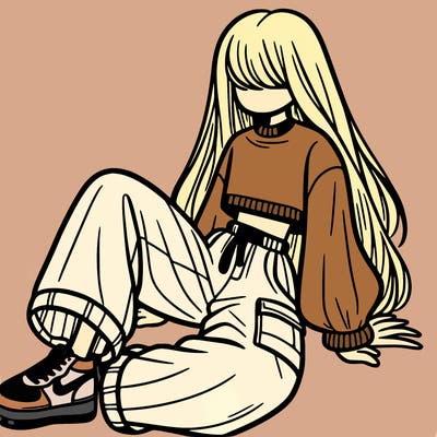 a girl with baggy pants and a crop top with long hair