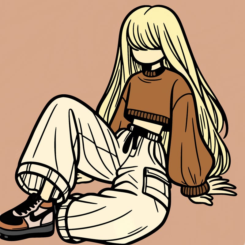 a girl with baggy pants and a crop top with long hair